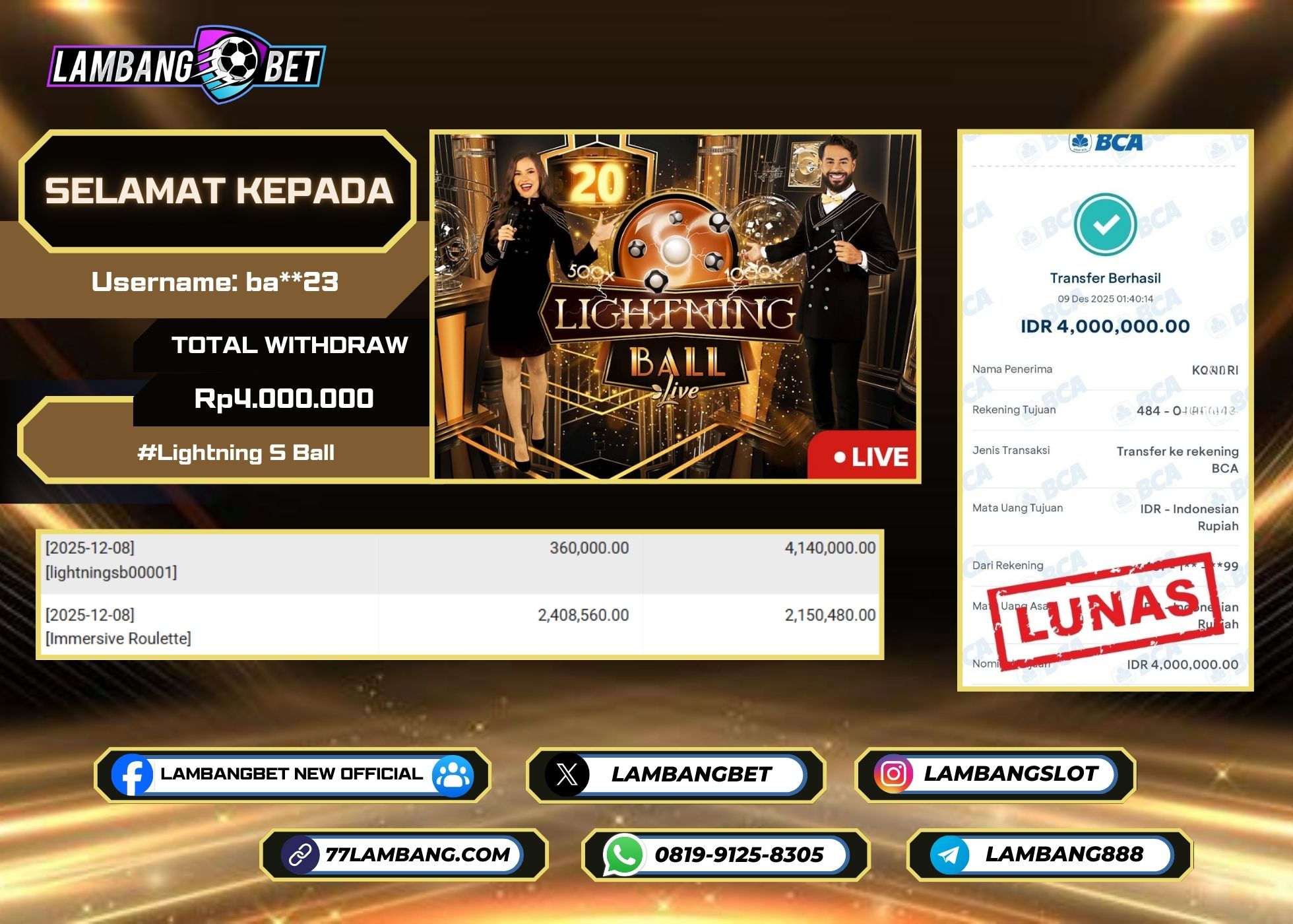 LAMBANGBET [9 DESEMBER 2025] JACKPOT LIVE CASINO Lightning S Ball "Rp4.000.000" LUNAS [2]